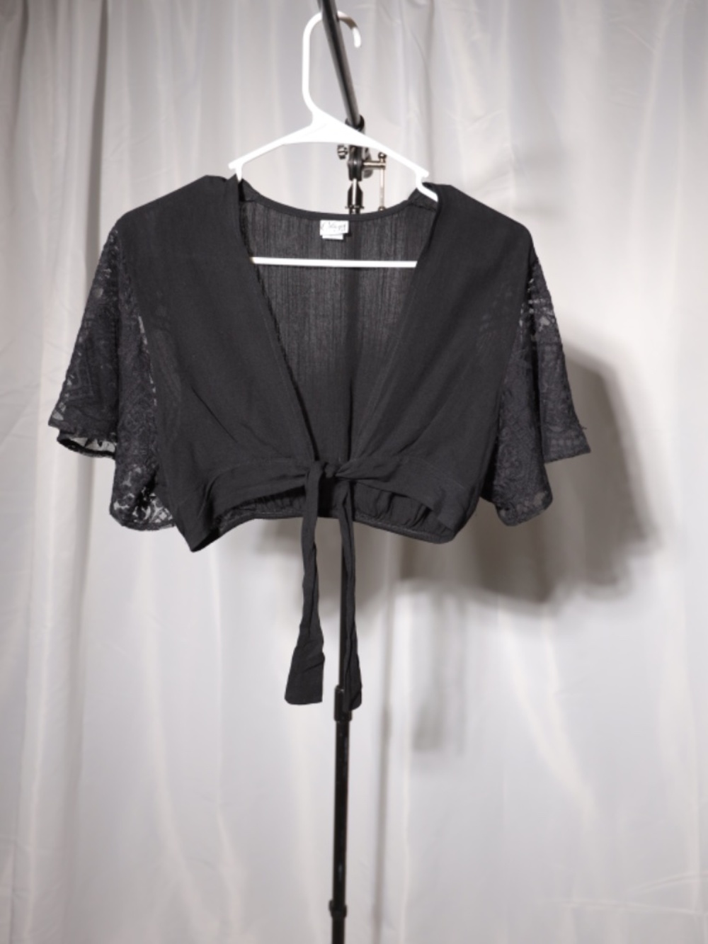 Black Lace-Sleeve Tie-Front Crop Top